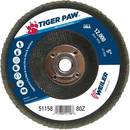 Weiler 5" Tiger Paw Abrasive Flap Disc, Flat (TY27), 80Z, 5/8"-11 UNC 51158